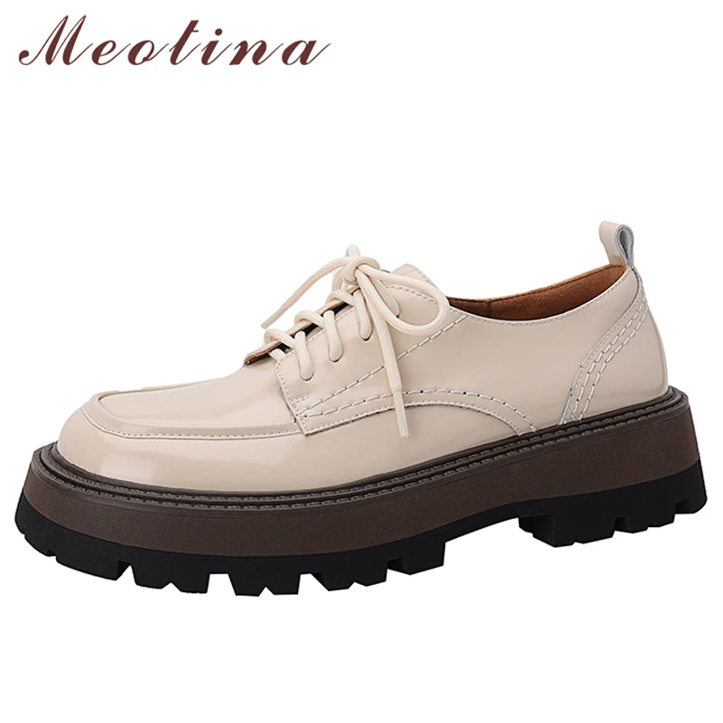 

Meotina Genuine Leather Women Loafers Shoes Platform Thick Heels Pumps Lace Up Med Heel Ladies Footwear Spring 40 Oxfords Shoes