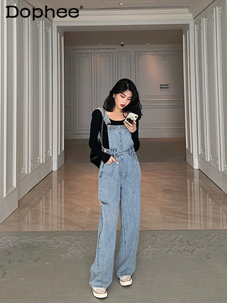 

Denim Suspender Pants for Women Spring and Summer New Loose Slimming Jean Trousers Fashion Elegant Straight Wide Leg Jumpsuits
