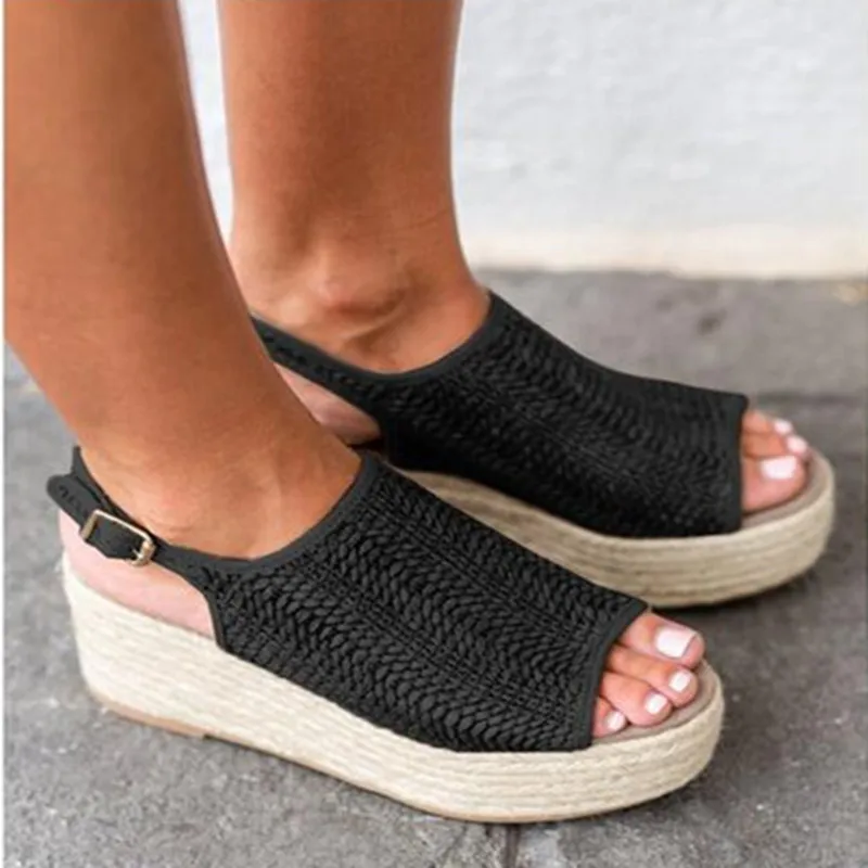 

sandalias mujer Summer Women Hemp Sandals Sewing Female Beach Shoes Wedge Heels Peep Toe Platform Shoes Hasp Sandals 569