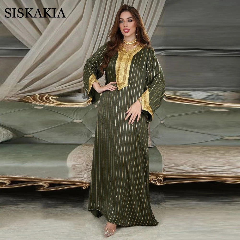 

Muslim Evening Party Dresses for Women Middle East Dubai Saudi Arabia Eid Abaya Fashion Striped Gold Stamping Robe French Velvet