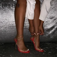 niufuni sexy transparent womens pumps shoes metal chain ankle strap sandals ladies shoes peep toe high heels dress party shoes