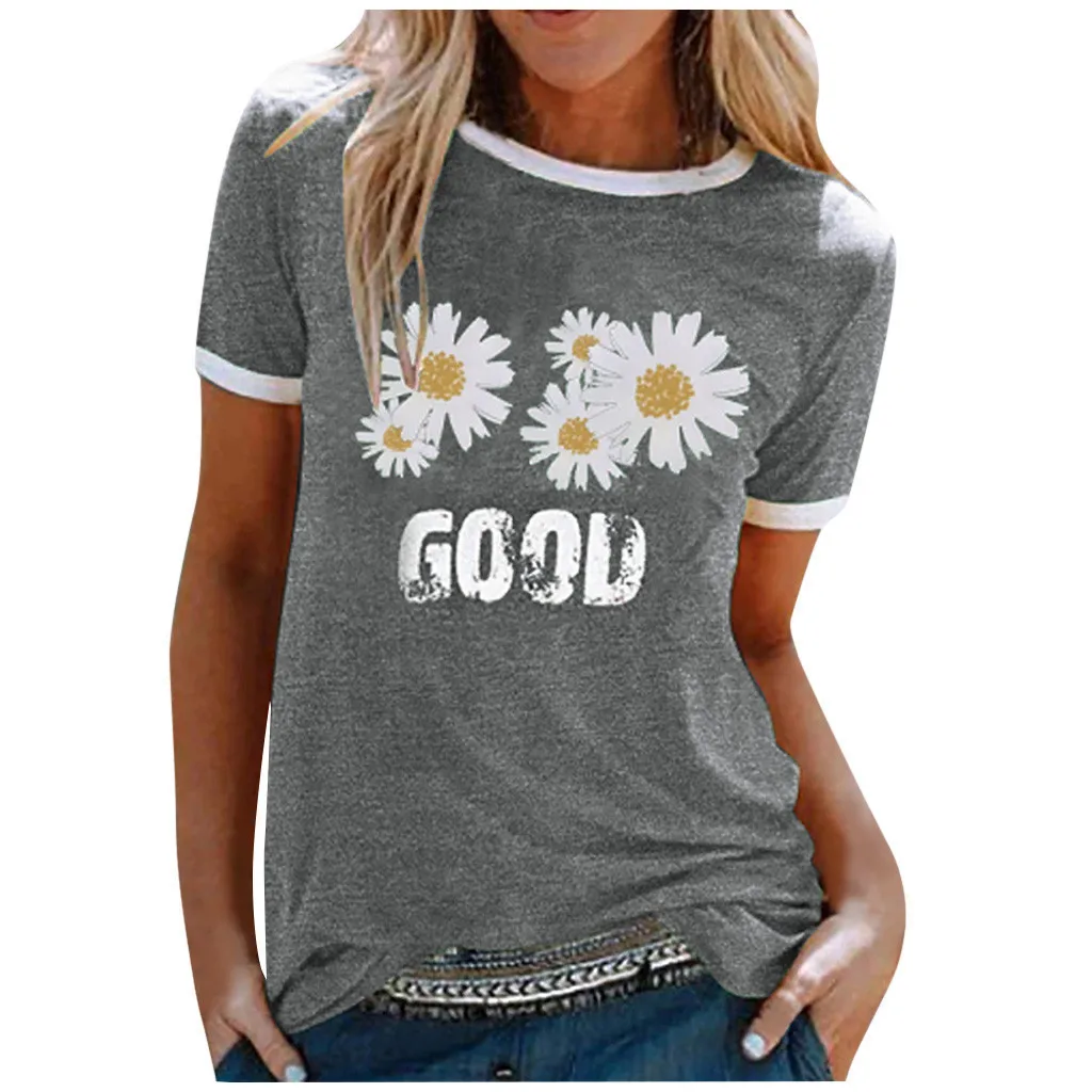 

HAOOHU 2021 Little Daisy Floral Summer T-shirt Short Sleeve Letter Print plus Size Women T-shirt