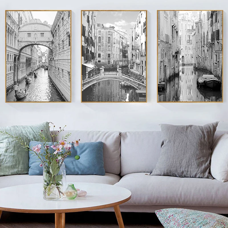 Современная Картина на холсте Венеция черные и белые плакаты принты пейзаж