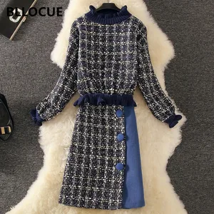 BLLOCUE осень-зима из твида в клетку Женский комплект 2 шт. элегантный половина с высоким, плотно облегающим шею воротником с рюшами в стиле пэчворк пуловер Топы + шерстяной комплект с юбкой и футболкой комплект одежды