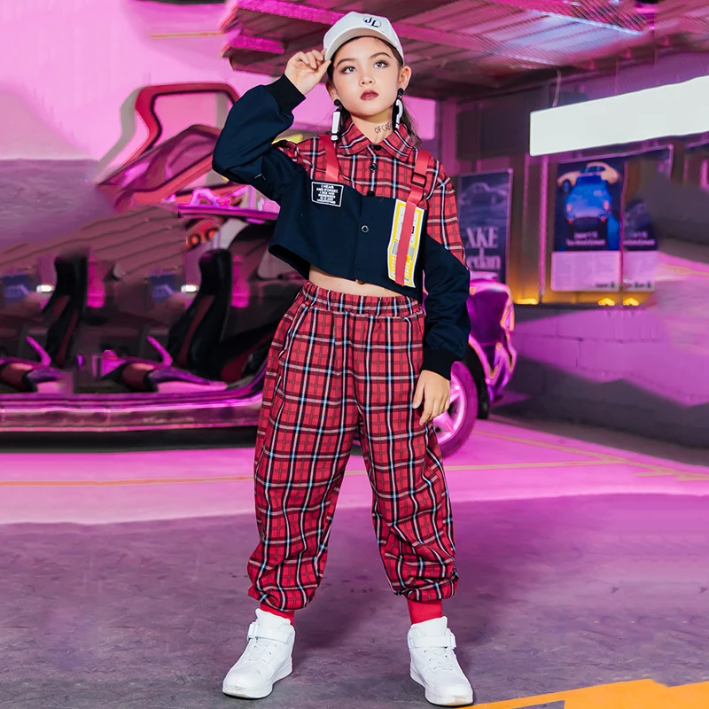 

Hip Hop Girls Dance Clothing Fashion Stage Costume Dance Street Wear Kids Jazz Dancing Performance Outfit Red Hiphop Pants