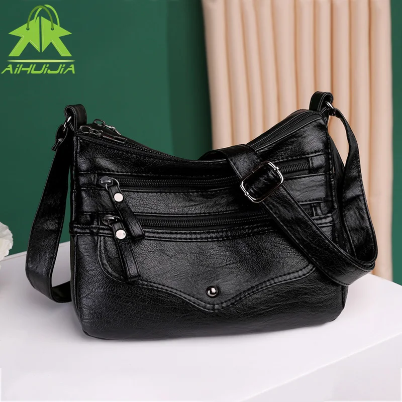 

Luxury Solid Color Soft PU Leather Messenger Bag for Women New High Capacity Multi Pocket Shoulder Bag Designer Female Handbag