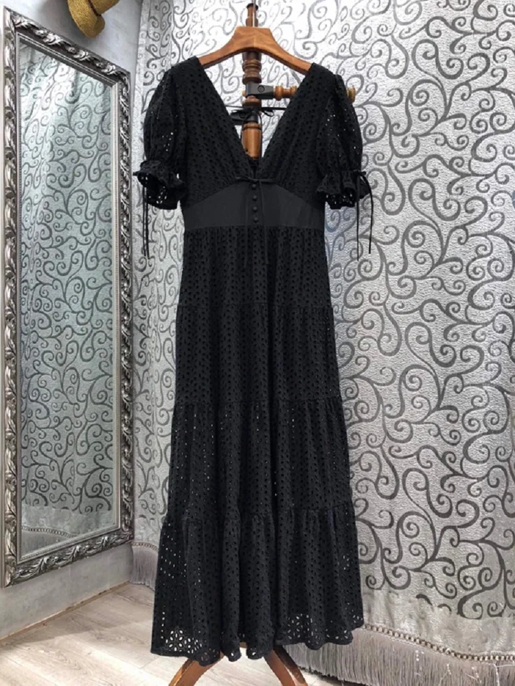 

Deep V-Neck Sexy Long Dress 2021 Spring Summer Fashionable Women Tunic Buttons Bow Deco Hollow Out Embroidery Long Maxi Dress
