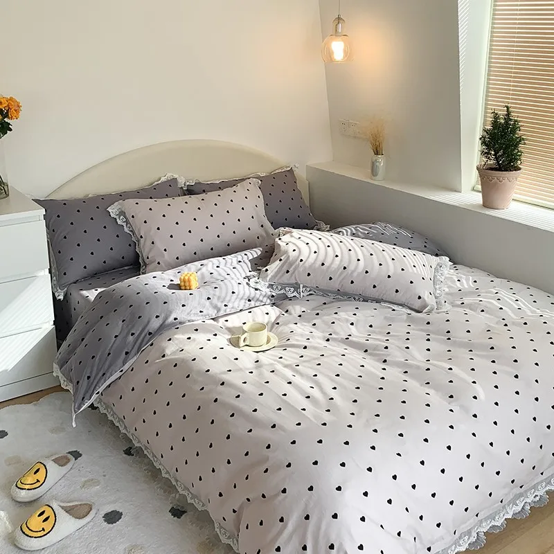 Girls Bedding Set Reversible Gray White Heart print Duvet Cover 100%Cotton Lace 4Pcs Queen Twin Ultra Soft bed sheet | Дом и сад