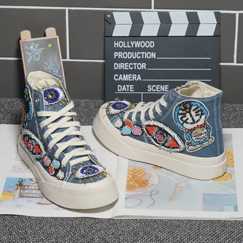 

2021 new heavy industry hydraulic drill cartoon cute cowboy shoes canvas shoes women's thick-soled high-top casual
