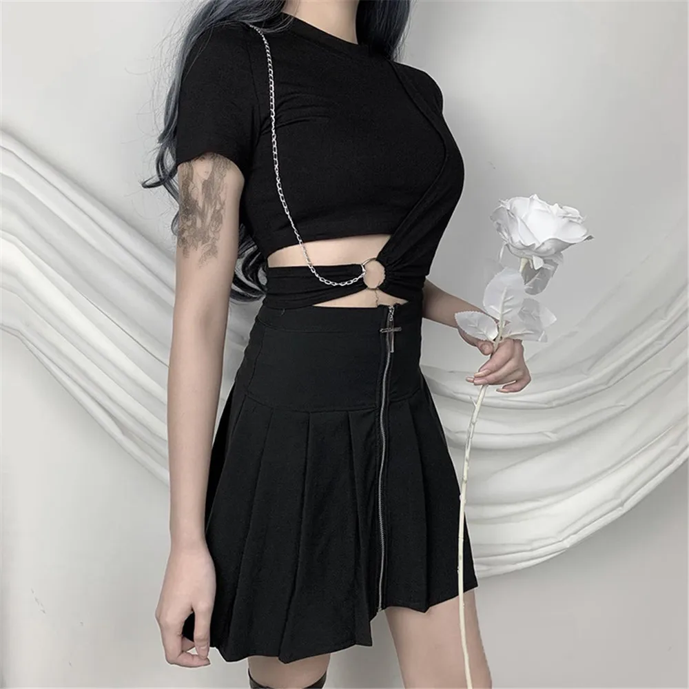 

Punk Chain Decor Streetwear Black T-shirts Women Harajuku Tees Gothic Sexy Hollow Out Female Tops Summer