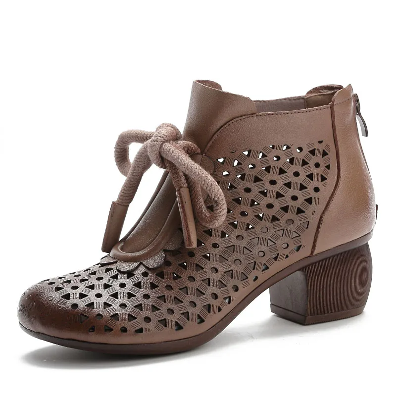 

DRKANOL Handmade Retro Hollow Summer Shoes Women Ankle Boots 100% Genuine Leather Back Zipper Thick Heel Casual Women Boots