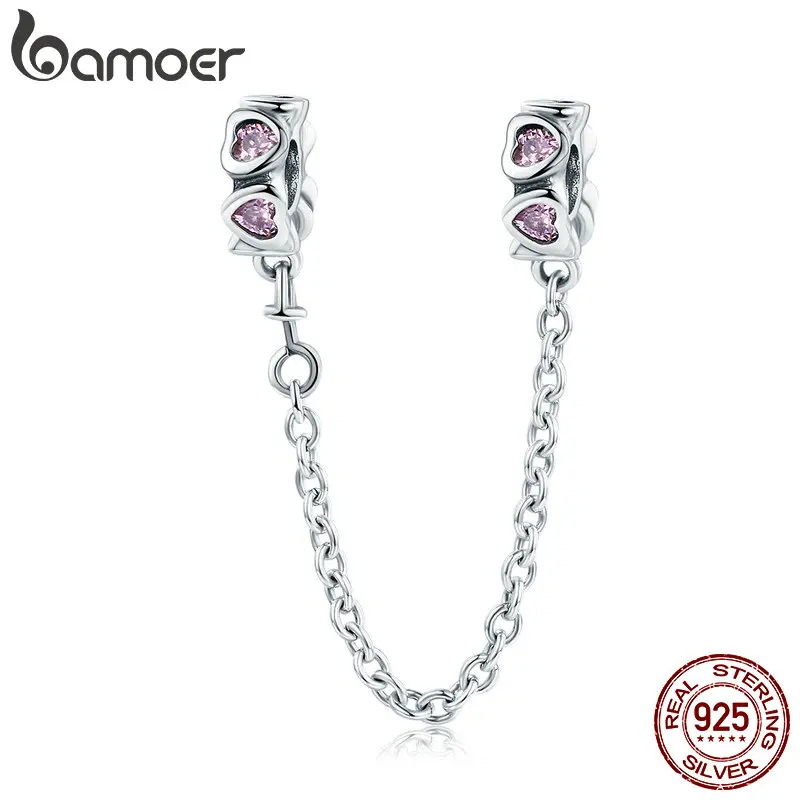 BAMOER 925 пробы Серебряный сладкий вдохновение, розовое сердце безопасный Цепной Стопор Шарм подходит браслет DIY Ювелирные изделия SCC562