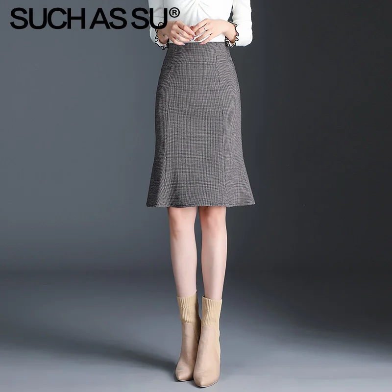 New Fall Winter Knit Skirt Women Gray Lattice High Waist Ruffle Mermaid Skirt S-3XL Plus Size Pencil Skirt Female