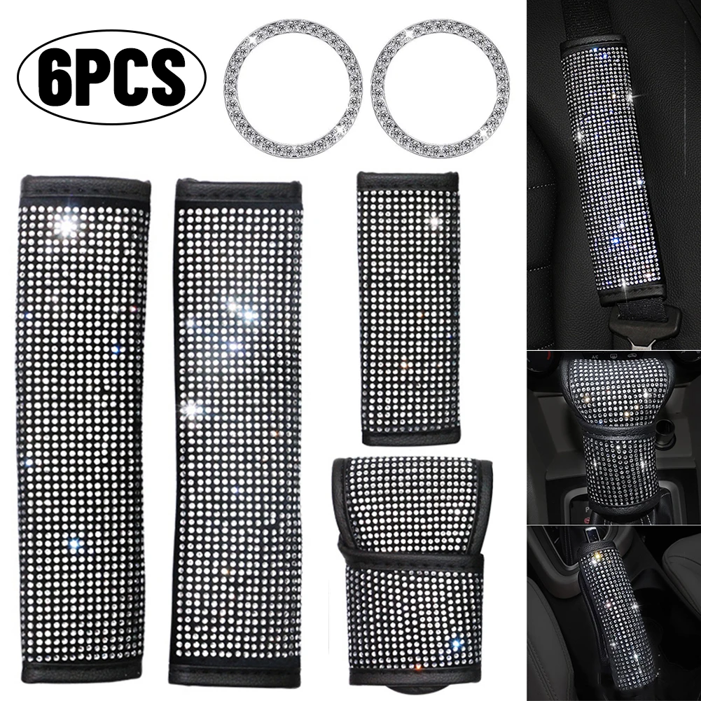 

6PCS Univeral Crystal Car Decoration, Shift Gear Cover Auto Handbrake Cover Seat Shoulder Pad and Ring Emblem Stickers for Girls