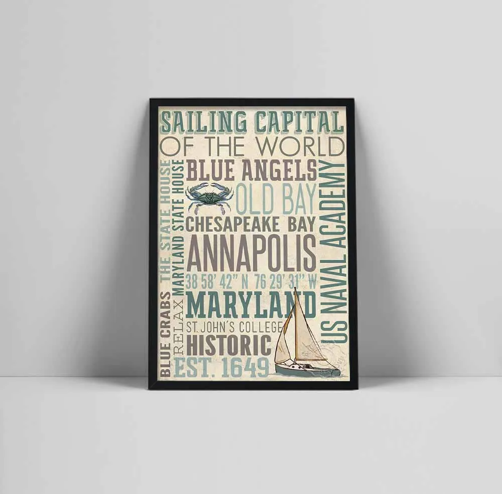 

Annapolis Maryland Travel City Poster and Prints Modern Art Sailing Capital Typography Canvas Painting Wall Pictures Living Room