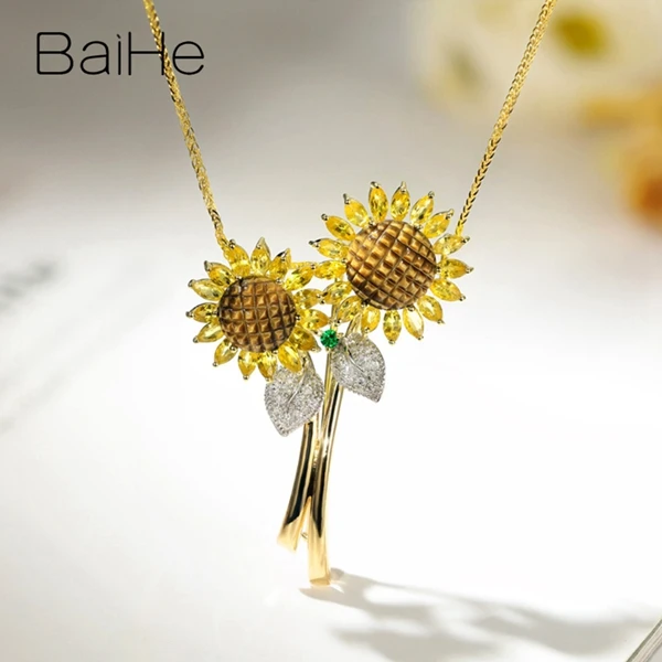 BAIHE Solid 14K белый+ желтое золото натуральные бриллианты+ тигровый глаз+ цаворит+ желтый Sapphirs прекрасный ювелирный подарок кулон/брошь