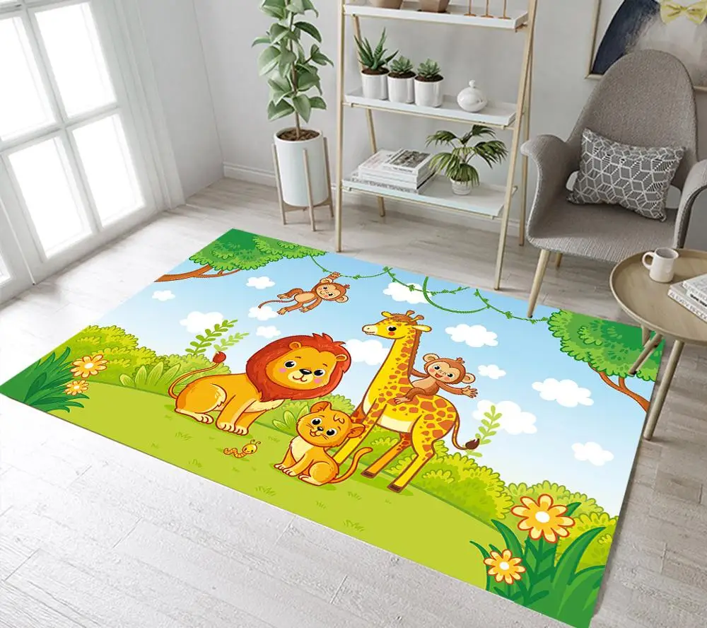 

Cartoon Animals In The Jungle Area Rugs Lion Giraffe Monkey Kid Bedroom Living Room Floor Carpet Non-slip Kids Play Rug