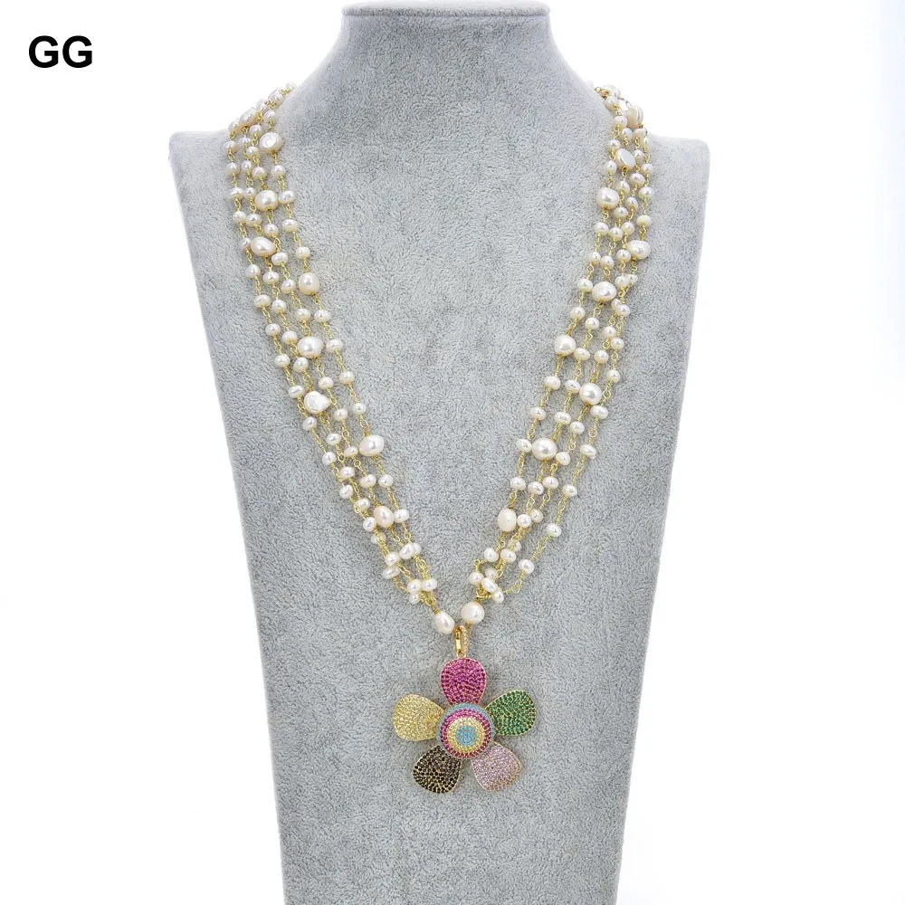 GG Jewelry 24'' 4 Strands White Pearl Necklace CZ Pave Flower Pendant | Украшения и аксессуары