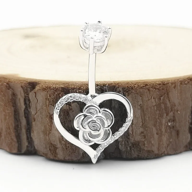 

925 Sterling Silver Navel Piercing Heart Flower Shape CZ Belly Button Ring Jewelry For Women Body Jewelry