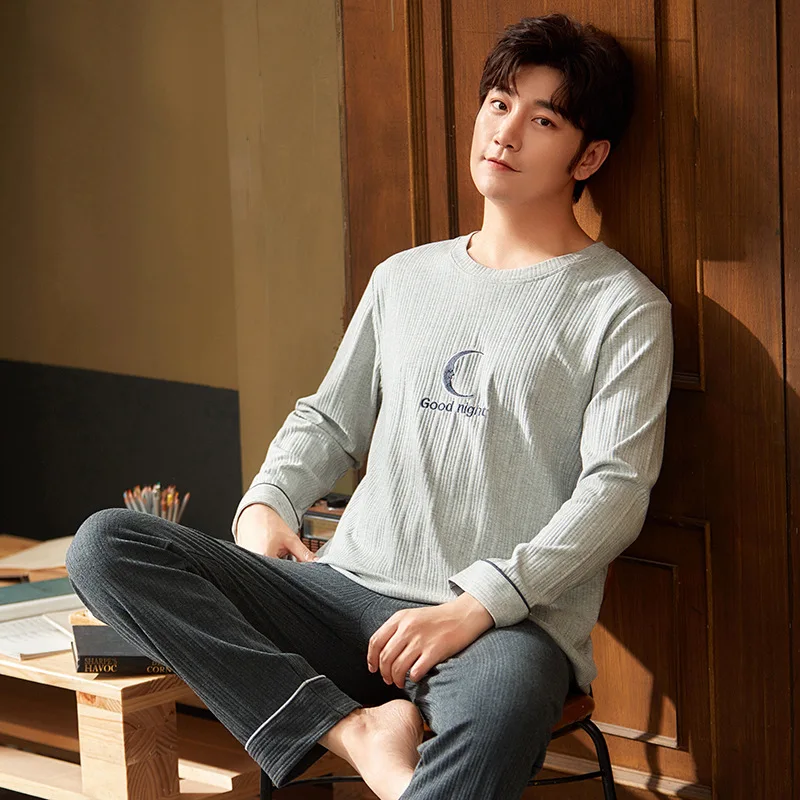 

YRRFUOT Pajamas Men's Long-sleeved Trousers Cotton Spring-autumn Loungewear Suit Plus Size Korean Casual Sports Youth Homewear