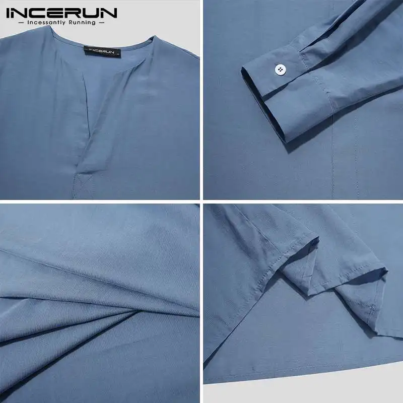 

Men Shirt V Neck Long Sleeve Streetwear Loose Vintage Casual Tops 2021 Breathable Shirts Solid Color Camisas Hombre 5XL INCERUN