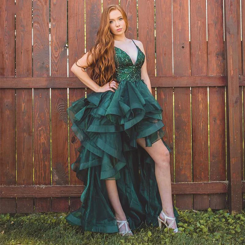 

YiMinpwp Dark Green High Low Prom Dresses Spaghetti Backless Hi-Lo Cascading Ruffles Beads Homecoming Dress Cocktail Party Gowns