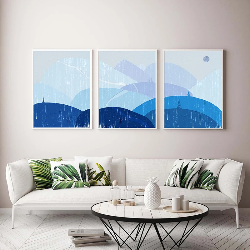 Набор из 3 зимних принтов синие горы абстрактный синий пейзаж синяя зима
