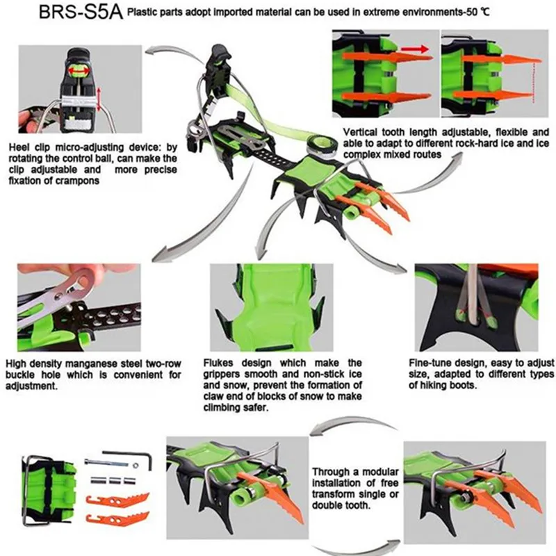 BRS 14 зубов профессиональный открытый скалолазание полный зажим Crampon марганцевая стальная накладка против скольжения на льду альпинистских походов BRS-S5A/B/C