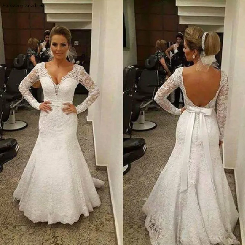 

Full Lace Mermaid Wedding Dress Vintage with Bow Sash Back Long Sleeves V Neck Bridal Gown Plus Size Custom Made