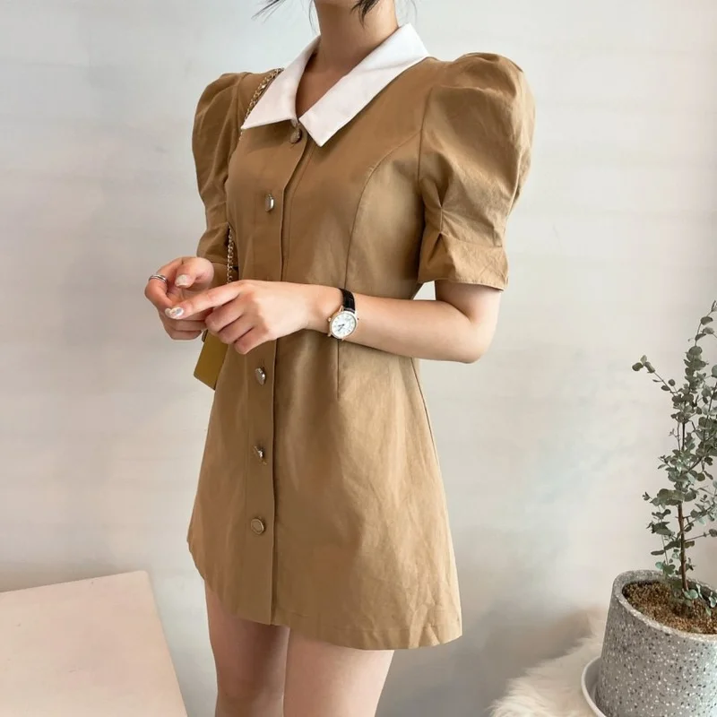 

Korejpaa Women Dress 2021 Korea Chic Summer Temperament Lapel Elegant Single-breasted Slim High Waist Bubble Sleeve Vestidos