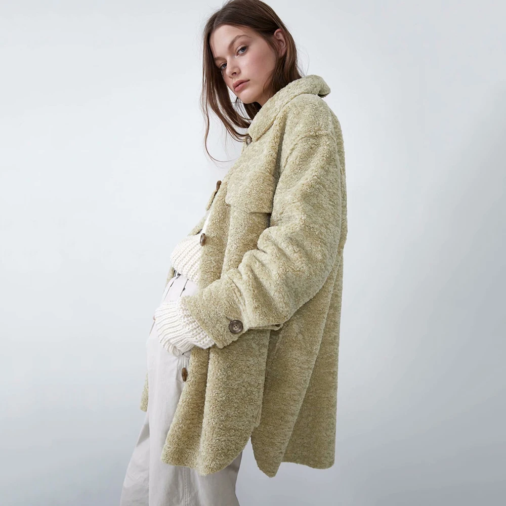 Женское флисовое пальто ZA Трендовое Асимметричное с отложным воротником
