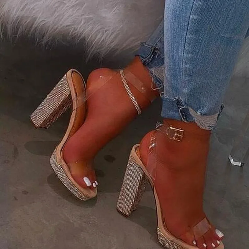 Женские туфли на высоком каблуке уличные модные сандалии со стразами яркие
