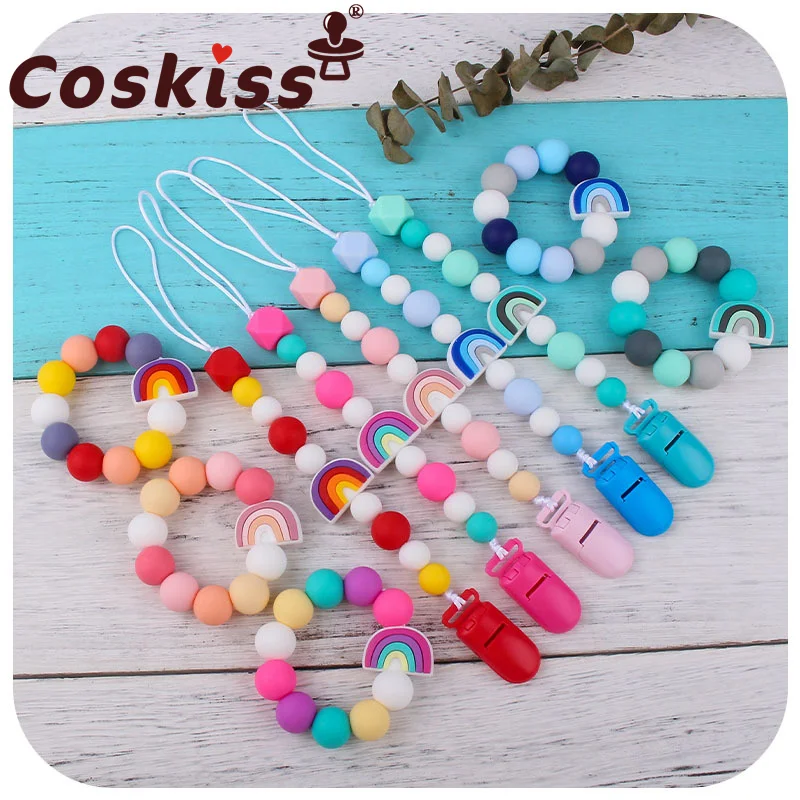 Coskiss-Juego de 2 unids/set de globos de arco&iacute;ris, productos de silicona de grado alimenticio, mordedores, pulsera y dentici&oacute;n, chupete bonito, cadena de Clips-0