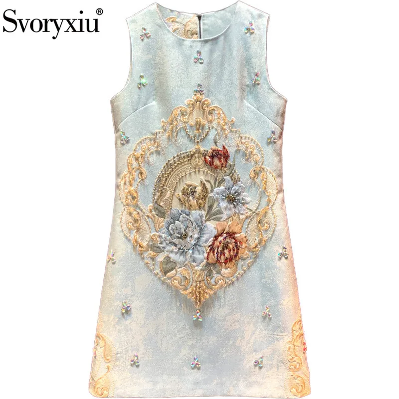 

Svoryxiu Designer luxury Summer Crystal Beaded Tank Dress Women's Vintage Print Jacquard Party Gorgeous A-Line Short Dresses