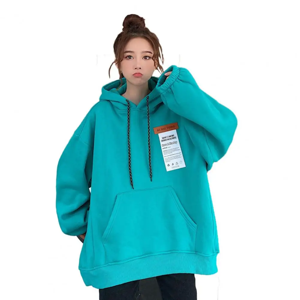 Women Autumn Long Sleeve Solid Color Oversize Plush Thick Warm Hoodie Sweatshirt