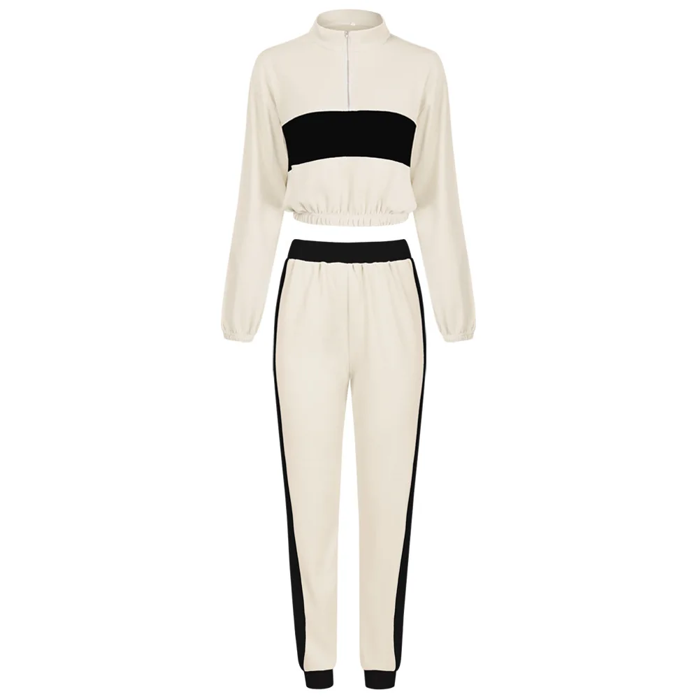 

2020 New Women Tracksuit Set Stand-up Collar Zipper Long Sleeve Stripe Sweatshirt High Waist Long Pants Sportwear Women Suit Set