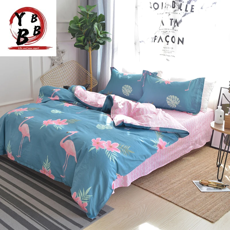 

Home textile pink flamingo bedding set 100%cotton king queen size duvet cover bed sheet leaf flower printed bedding bed linen