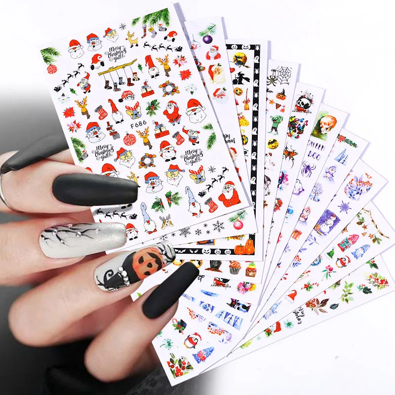 

3D Christmas Nails Sticker Winter Snowflake Elk Xmas Trees Cartoon Adhesive Sliders Nail Art Accessories Decals Manicure Decors