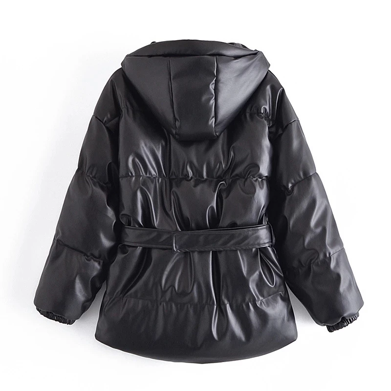 Зимняя женская теплая парка из искусственной кожи с капюшоном повседневная