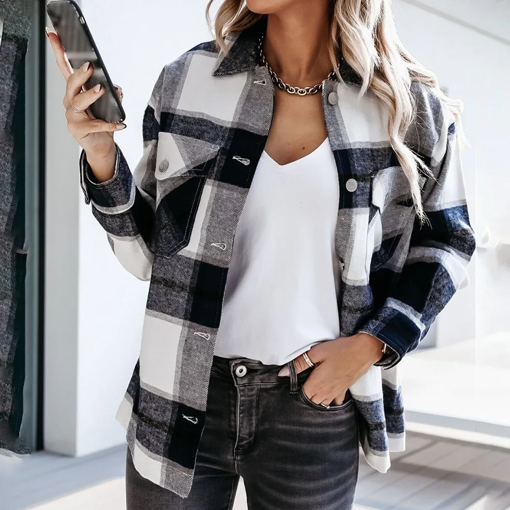 

Hot Sale Women Fashion Plaid Shirt Jackets Turn-down Collar Autumn Oversized Jacket Fashion Loose Coat Streetwear Female Outwear