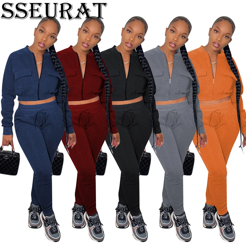 

Женский спортивный костюм SSEURAT, комплект из двух предметов, пальто на молнии с длинным рукавом и леггинсы, спортивный костюм