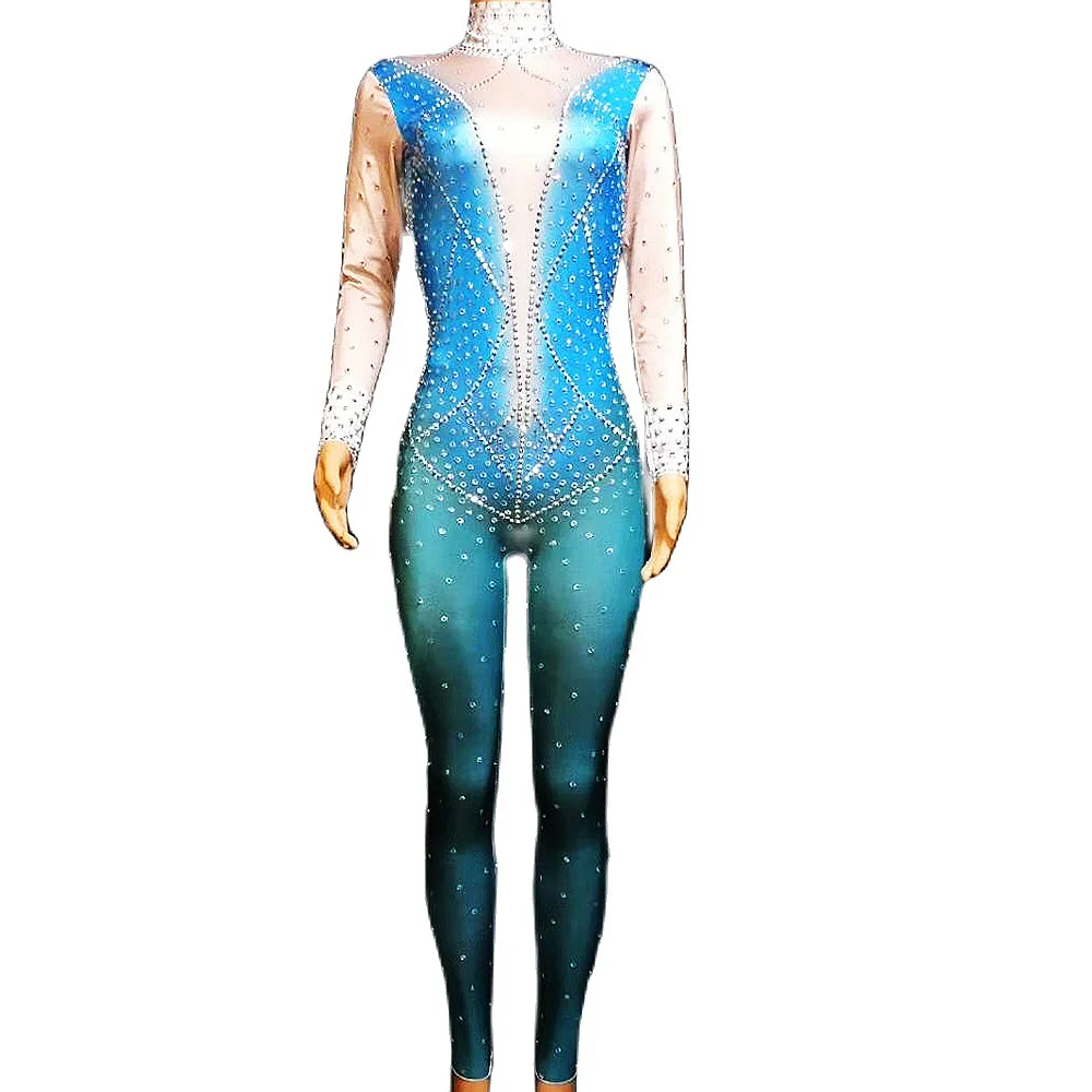 

Shining Diamonds Jumpsuits Drag Queen Women Nightclub Bodysuits Singer Performance Blue Tight Stretch Pole Dancing Costumes