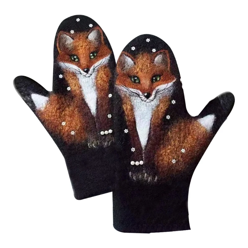 

Women Winter Faux Cashmere Full Finger Gloves Floral Wolf Cat Animal 3D Print Thicken Warm Windproof Thermal Mittens