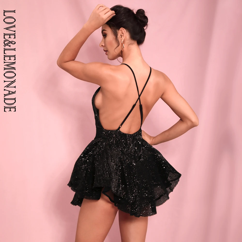

LOVE&LEMONADE Sexy Deep V-Neck Open Back Ballet Style Sequins Playsuit LM81619