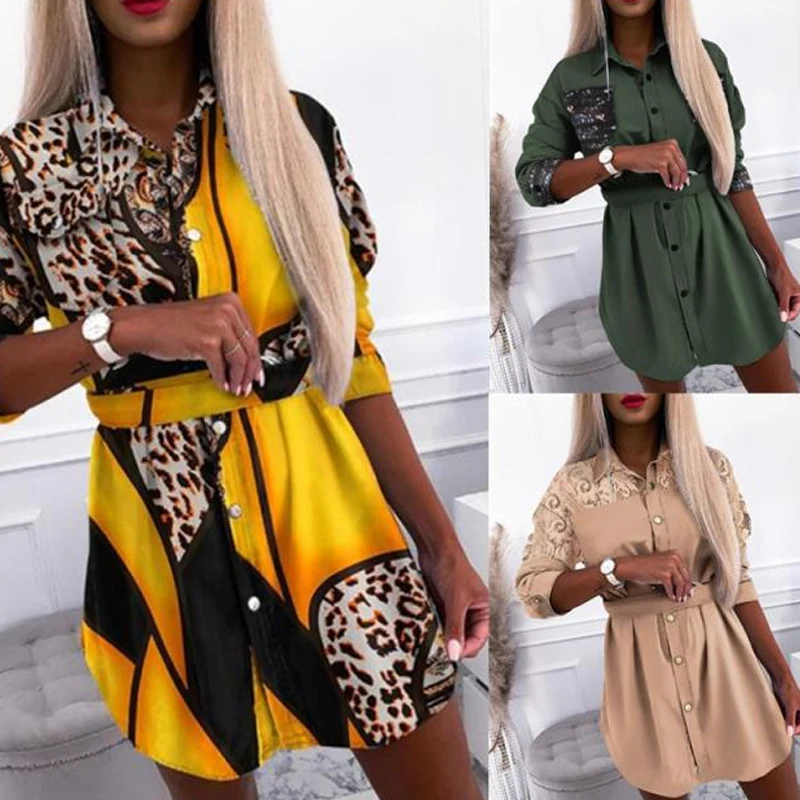 

Women Turn-Down Collar Sequin Stitching Party Dress Elegant Button Long Sleeve Shirt Dress Autumn Casual Slim Mini Dress Vestido