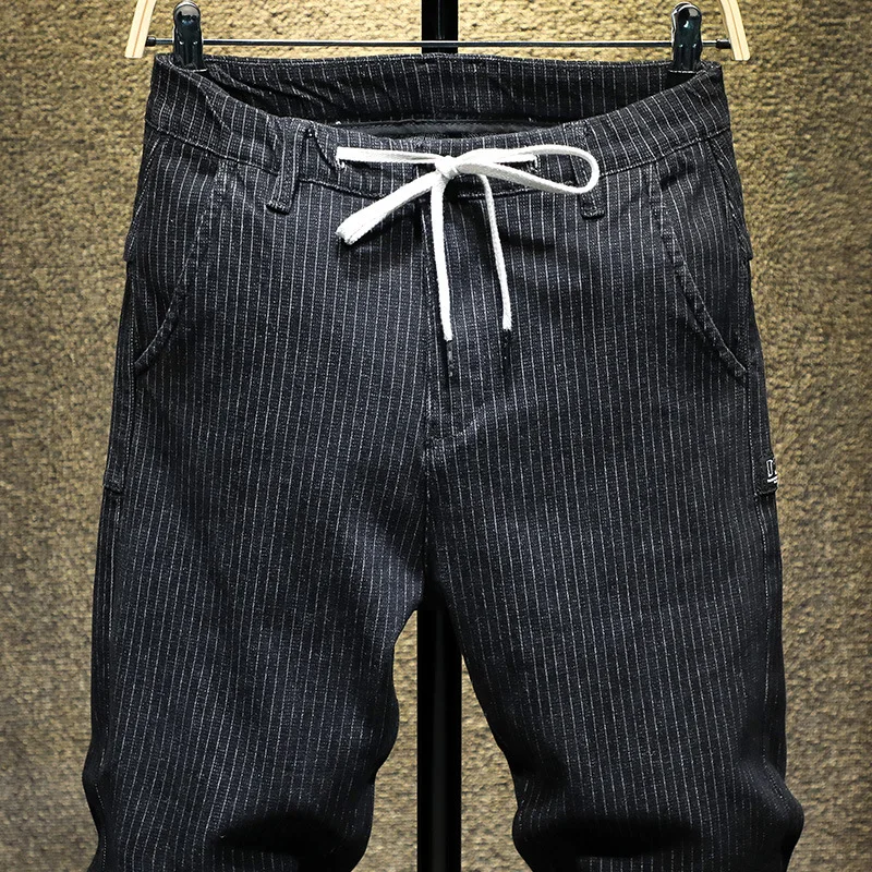 Джинсы для мужчин деним на завязках в полоску четыре сезона свободные с длинным