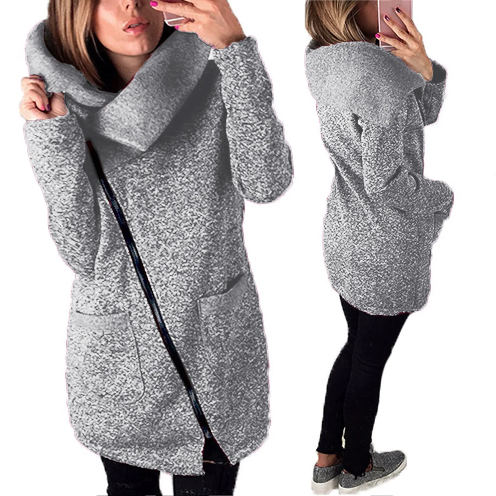 

Winter Women Cotton Long Jacket With Pocket Fleece Hooded Coat Jackets Outwear Keep Warm Gray Coats