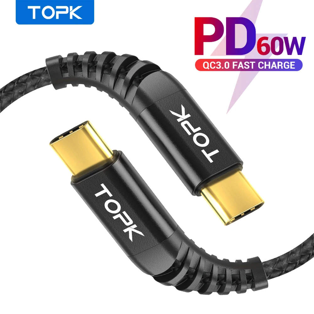 TOPK 1 м 60 Вт USB Type C кабель к для Samsung S10 Xiaomi Oneplus PD QC3.0 быстрой зарядки и передачи