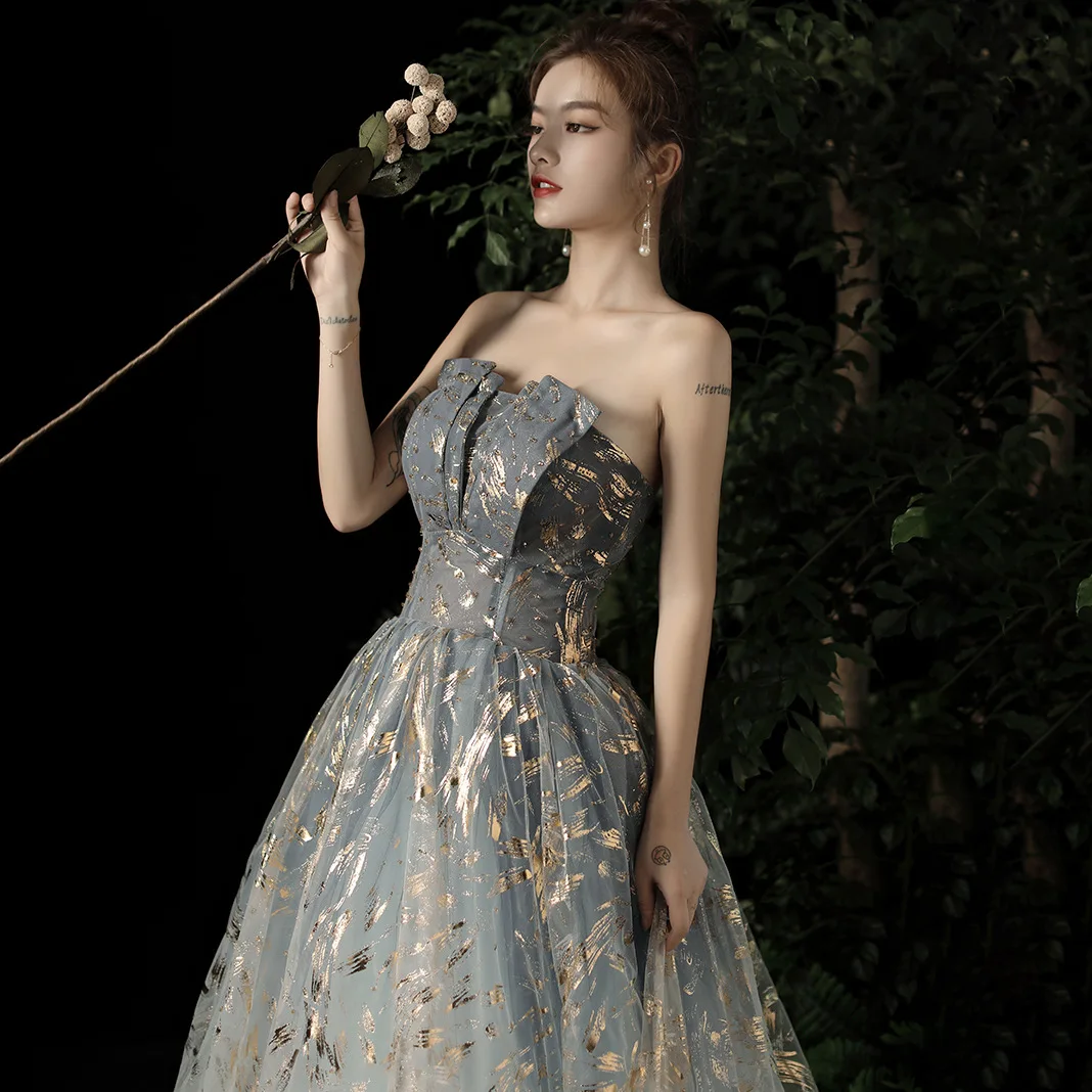 

Fashion Elegant Dresses For Women Strapless Boat Neck Appliques Backless Lace Up A-Line Slim Dress Exquisite Birthday Party Gown