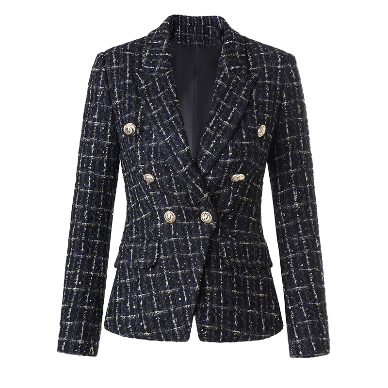 

Autumn Winter Thick Tweed Sequined Plaid Suit Jacket Short Women's Wild Luxury Gold Line Design Lion Head Breasted Casual Jacket